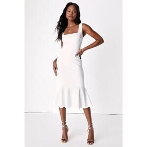 Lulus Moment Maker White Square Neck Trumpet Midi Dress Gala Banquet Size XS